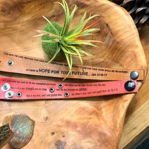 May include: Two leather bracelets with inspirational quotes. One is brown with the text "& THERE IS HOPE FOR YOU FUTURE... JER 31:16-17". The other is red with text from Exodus 15:1-3. A small air plant sits above the bracelets.