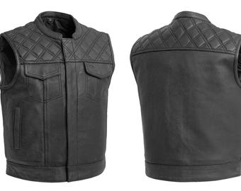 Men's Cowhide Leather Motorcycle Vest - Diamond Padded Biker Waistcoat