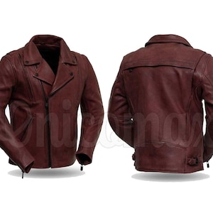 May include: A burgundy leather jacket with a classic biker style. The jacket features a notched lapel, an asymmetrical zipper closure, and multiple pockets. The back view shows a tailored fit with a small pocket and adjustable waist straps. The jacket is displayed against a white background.