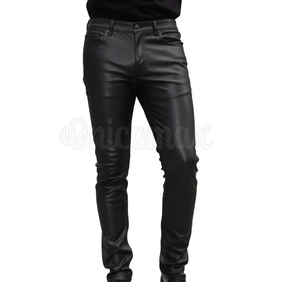 Men's Black Genuine Cowhide Leather Pants - Jeans Style Biker Pant for Men - Stylish Trousers with 5 Pockets - Perfect Gift for Him