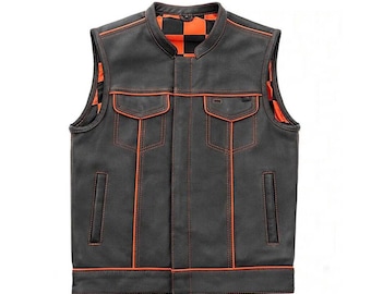 Men's Cowhide Leather Biker Vest - Orange Stitch, Checkerboard Lining