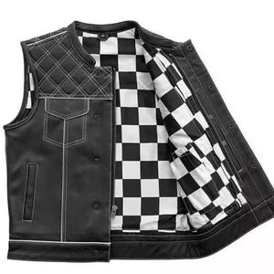 Men&#39;s Black Cowhide Leather Vest Checkered Lining  - Real Leather Biker&#39;s Vest with White Finish Line - Club Vest Motorcycle Vest for Men