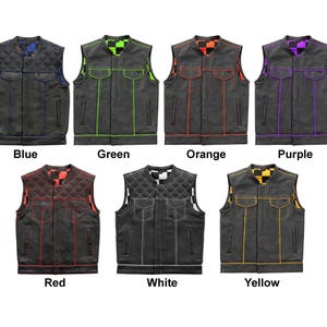 Men&#39;s Black Cowhide Leather Vest Checkered Lining  - Real Leather Biker&#39;s Vest with Colored Finish Line - Club Vest Motorcycle Vest for Men