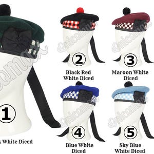 May include: Six different styles of traditional Scottish hats with chequered patterns and black ribbon ties. The hats are displayed on mannequins with numbers 1 through 6.