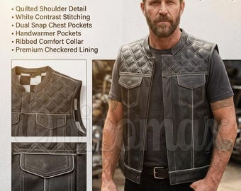 Men's Black Cowhide Leather Biker Vest - Checkered Lining - White Stitching - Motorcycle Club Waistcoat