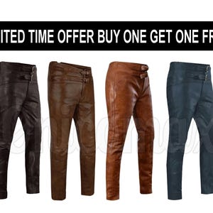 Könnte beinhalten: Vier Lederhosen in verschiedenen Farben: Schwarz, Braun, Beige und Marineblau. Jede Hose hat einen doppelten Schnallenverschluss an der Taille. Der Text "LIMITED TIME OFFER BUY ONE GET ONE FREE" wird oben angezeigt.