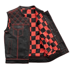 Men&#39;s Motorcycle Real Cowhide Leather Vest - Red Stitch & Black Red Checkerboard Lining - Biker Club Style Riding Sleeveless Men&#39;s Vest