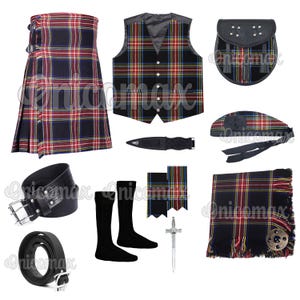 Scottish Tartan 8 Yards Kilt for Men - Traditional Handmade Kilt - Highlander Waistcoat & Accessories - 12 Pcs Value Pack - Made to order