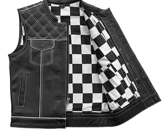 Men's Cowhide Leather Biker Vest – White Stitch, Checkerboard Lining