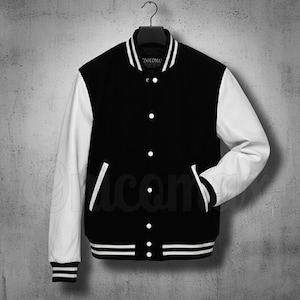 May include: Black and white varsity jacket with white sleeves, a black body, and white striped details on the collar, cuffs, and hem. The jacket has a button-up front and two front pockets. The brand name "ONICOMA" is visible on the collar.