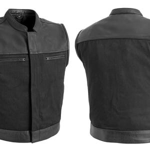 Men&#39;s Real Leather & Denim Club Vest - Motorcycle Vest - Bikers Style Waistcoat - Fashion Vest outfit -  Waistcoat for Men&#39;s - Made To Order