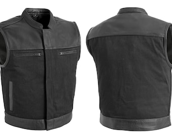 Men's Leather & Denim Motorcycle Vest - Biker Club Style