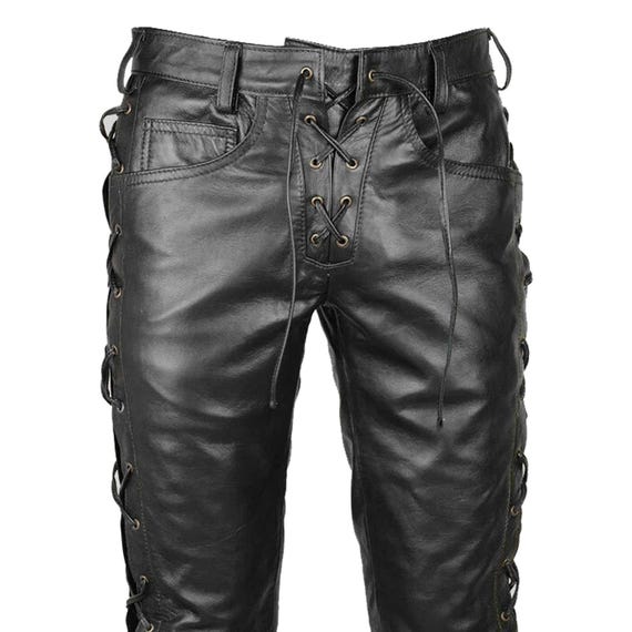 Men's Black Lace Up Leather Pants - Side Laced Adjustable Biker Trousers - Gothic Rock Style Leather Pants -  Slim Fit Handmade Biker Pants