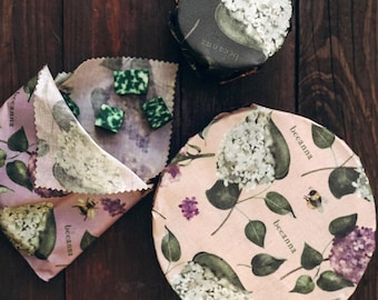 Voedselverpakkingen met bijenwas met lila print - Milieuvriendelijke herbruikbare set, cadeau voor moeder