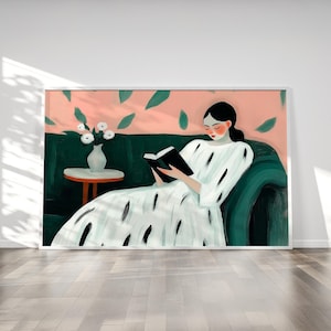 Woman Reading Illustration | Figurative Woman Reading| Cozy Vibrant Wall Decor | Polka Dot Dress | Reading Nook Decor | Fast Shipping
