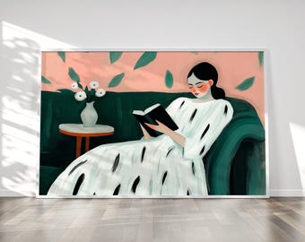 Woman Reading Illustration | Figurative Woman Reading| Cozy Vibrant Wall Decor | Polka Dot Dress | Reading Nook Decor | Fast Shipping