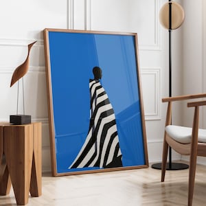 Electric Blue Abstract  Contemporary Artwork | Stripe Afro Woman | Nordic Minimalist Print | Cobalt Stripe Female Decor | Fast Shipping