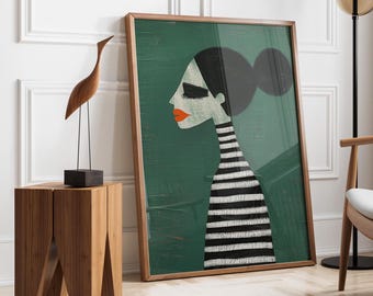 Smaragdgroene abstracte vrouw muurkunst| Gestreepte vrouw | Hedendaags kunstwerk | Woonkamerafdruk | Minimalistische poster | Snelle verzending