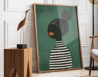 Emerald Green Abstract People Large Wall Art| Stripe Afro Woman | Contemporary Artwork | Living Room Print | Black Girl | Fast Shipping