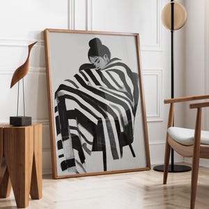 Black & White Abstract People Wall Art | Stripe Woman | Contemporary Artwork | Living Room Print | Minimalist Poster | Fast Shipping
