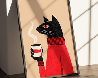 May include: A framed art print featuring a stylized black cat wearing a red sweater, holding a steaming coffee cup. The cat has a single red eye and white whiskers. The background is a light beige color, with shadows from a window.