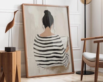 Striped Dress Woman Reading | Modern Art | Minimalist Book Nook,Abstract Woman Portrait | Contemporary Book Lover Artwork,Fast Shipping