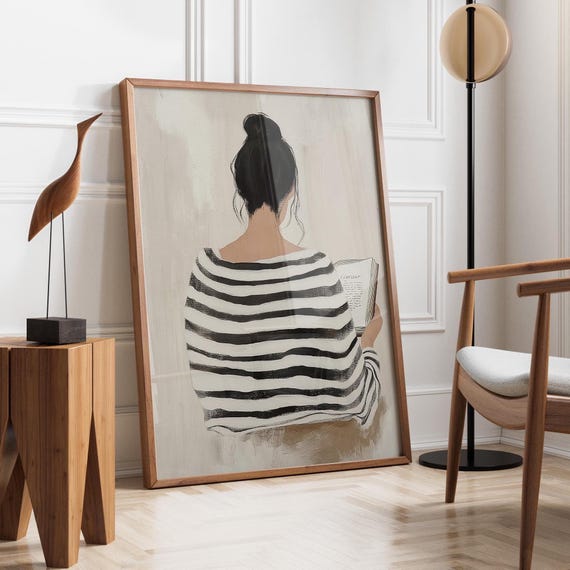 Striped Dress Woman Reading | Modern Art | Minimalist Book Nook,Abstract Woman Portrait | Contemporary Book Lover Artwork,Fast Shipping