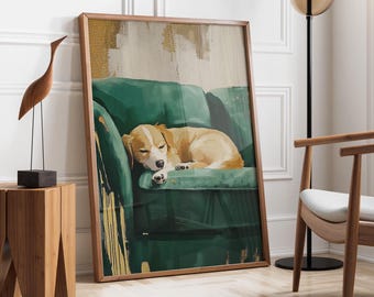 Emerald Green Sleeping Puppy | Cozy And Serene Artwork | Warm And Relaxing Dog Art | Sleepy Puppy | Minimalist Home Decor | Fast Shipping