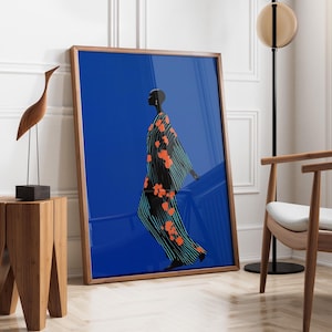 Electric Blue Abstract  Contemporary Artwork | Stripe Afro Woman | Nordic Minimalist Print | Cobalt Stripe Female Decor | Fast Shipping