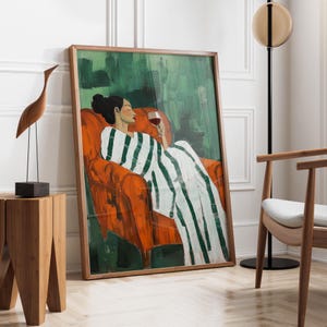 May include: A painting of a person in a striped robe relaxing in an orange armchair with a glass of red wine. The background is a green and brown abstract design.