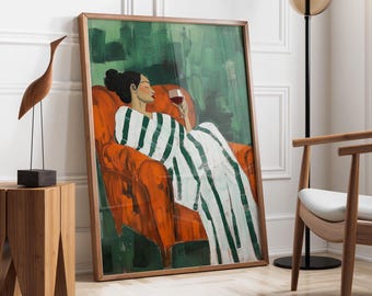 Emerald Green Woman Drinking Wine | Stripe Woman | Contemporary Artwork | Wine Lover Gift | Minimalist Bartender Poster | Fast Shipping