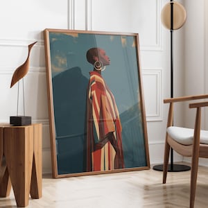Abstract Black Woman | Contemporary Artwork | Stripe Afro Woman | Nordic Minimalist Print | Cobalt Stripe Female Decor | Modern Feminine Art