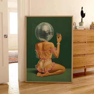 Retro Style Disco Ball Girl Art | Bachelorette Party Decor | Surreal Party Illustration | Quirky Pop Art Print | Cocktail Drink Poster