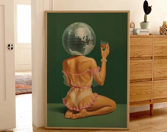 Retro Style Disco Ball Girl Art | Bachelorette Party Decor | Surreal Party Illustration | Quirky Pop Art Print | Cocktail Drink Poster