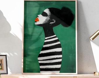 Emerald Green Abstract People | Black Woman Art | Stripe Afro Woman | Contemporary Artwork | Modern Afrocentric |Black Girl Fast Shipping