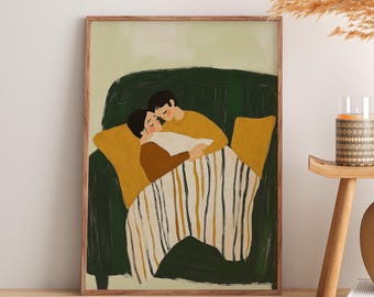 May include: A painting of a couple cuddling on a green couch under a striped blanket. The woman is wearing a brown shirt and the man is wearing a yellow shirt. The painting has a soft, muted color palette.