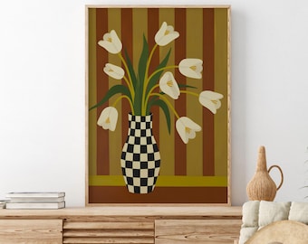 Tulips in a Checkered Vase | Elegant Floral Art | Mid-Century Modern Floral Artwork | Botanical Tulips Art | Contemporary Floral Decor
