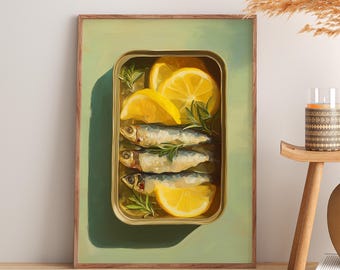 Sardine Tin Poster | Contemporary Fish Print | Mediterranean Seafood | Minimal Sardine | Colorful Sardine | Elegant Coastal Kitchen Decor
