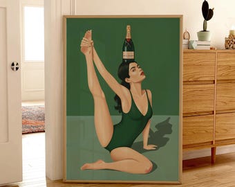 Champagne and Balance Yoga Print | Contemporary Yoga Art | Vintage Champagne Poster | Bar Corner Decor | Yoga Woman Portrait