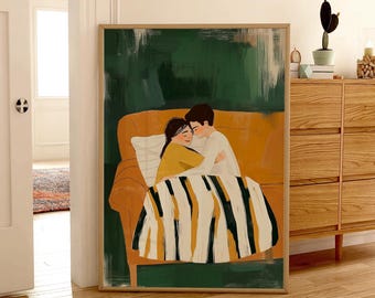 May include: A painting of a couple cuddling on a yellow couch under a striped blanket. The background is a green and yellow abstract design.