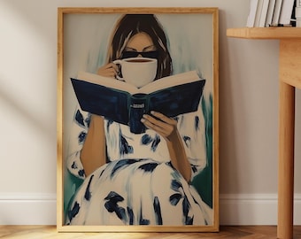 Contemporary Book Lover Artwork | Woman Reading Poster | Stylish Woman With Coffee | Relaxing Reading and Coffee Artwork | Fast Shipping