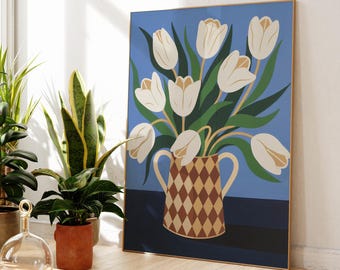 White Tulips in a Checkered Vase | Elegant Floral Art | Mid-Century Modern Floral Artwork | Botanical Tulips Art | Contemporary White Tulips