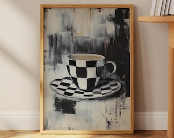 Abstract Checkered Coffee Cup Art | Black White Kitchen Print | Minimalist Coffee Poster | Contemporary Kitchen Decor  | Fast Shipping