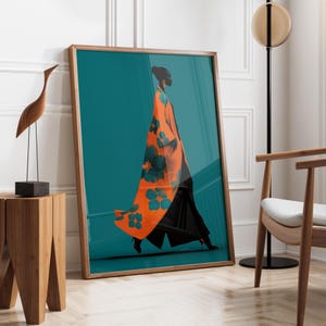 Abstract Black Woman | Contemporary Artwork | Stripe Afro Woman | Nordic Minimalist Print | Cobalt Stripe Female Decor | Modern Feminine Art