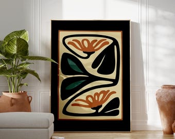 Abstract Botanical Poster | Modern Retro Flower | Mid Century Artwork | Nature Home Decor | Stylish Contemporary Poster| Burnt Orange & Teal
