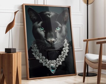 Luxury Puma with Emerald Necklace | Elegant Big Cat Wall Art | Luxury Artwork | Fashionable Puma Art | Puma Lover Gift | Fast Shipping