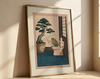Japanese Frog Print | Quirky Bathroom Wall Decor | Playful Frog Artwork | Hiroaki Takahashi Style | Funny Frog Bathroom | Hasui Kawase Art