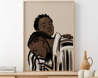 Abstract Couple Hug Illustration | Modern Black Lovers Wall Art | Contemporary Couple | Black Couple | Emotional Black People Poster