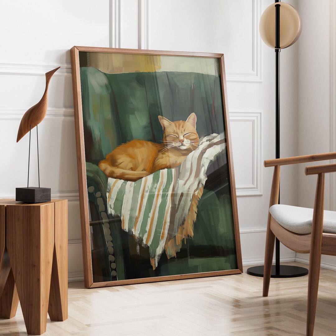 Orange Cat Sleeping | Cozy Cat Wall Art | Contemporary Artwork | Stripe ...