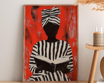 Striped Dress Black Woman Reading | Modern Art | Minimalist Book Nook,Afro Woman Portrait | Contemporary Book Lover Artwork,Fast Shipping